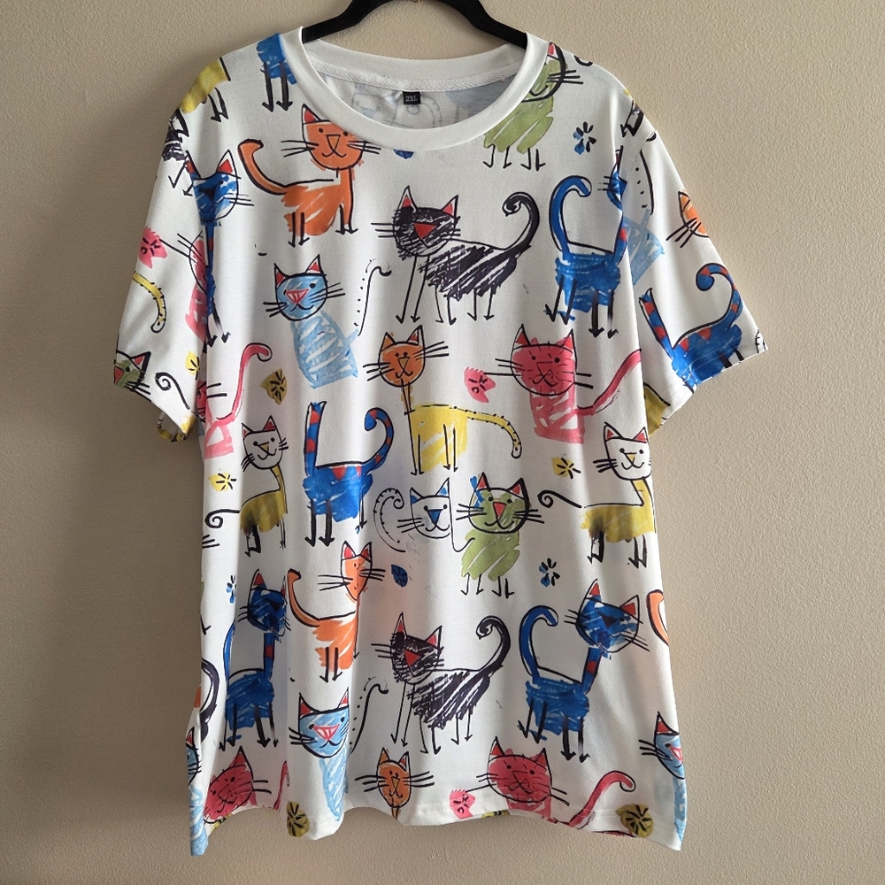 Colorful Cat Print Short Sleeve Shirt 2XL